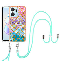 Handyhülle Silikon Hülle Gummi Schutzhülle Flexible Modisch Muster mit Schlüsselband Lanyard Y03B für Huawei Honor X7a Bunt