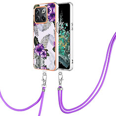 Handyhülle Silikon Hülle Gummi Schutzhülle Flexible Modisch Muster mit Schlüsselband Lanyard Y03B für OnePlus 10T 5G Violett