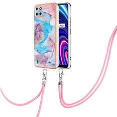 Handyhülle Silikon Hülle Gummi Schutzhülle Flexible Modisch Muster mit Schlüsselband Lanyard Y03B für Realme C21Y Blau