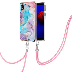 Handyhülle Silikon Hülle Gummi Schutzhülle Flexible Modisch Muster mit Schlüsselband Lanyard Y03B für Samsung Galaxy A01 Core Blau