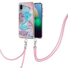 Handyhülle Silikon Hülle Gummi Schutzhülle Flexible Modisch Muster mit Schlüsselband Lanyard Y03B für Samsung Galaxy A02 Blau