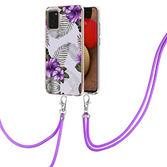 Handyhülle Silikon Hülle Gummi Schutzhülle Flexible Modisch Muster mit Schlüsselband Lanyard Y03B für Samsung Galaxy A03s Violett