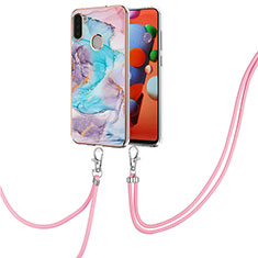 Handyhülle Silikon Hülle Gummi Schutzhülle Flexible Modisch Muster mit Schlüsselband Lanyard Y03B für Samsung Galaxy A11 Blau