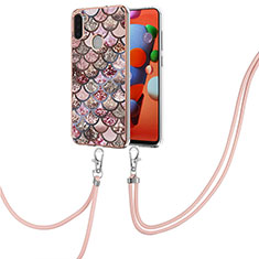 Handyhülle Silikon Hülle Gummi Schutzhülle Flexible Modisch Muster mit Schlüsselband Lanyard Y03B für Samsung Galaxy A11 Braun