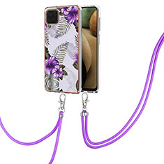 Handyhülle Silikon Hülle Gummi Schutzhülle Flexible Modisch Muster mit Schlüsselband Lanyard Y03B für Samsung Galaxy A12 Nacho Violett