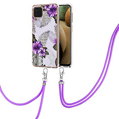 Handyhülle Silikon Hülle Gummi Schutzhülle Flexible Modisch Muster mit Schlüsselband Lanyard Y03B für Samsung Galaxy A12 Violett