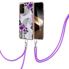 Handyhülle Silikon Hülle Gummi Schutzhülle Flexible Modisch Muster mit Schlüsselband Lanyard Y03B für Samsung Galaxy A15 4G Violett