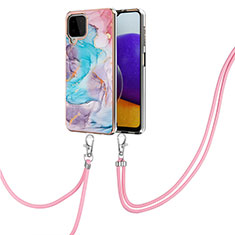 Handyhülle Silikon Hülle Gummi Schutzhülle Flexible Modisch Muster mit Schlüsselband Lanyard Y03B für Samsung Galaxy A22 4G Blau