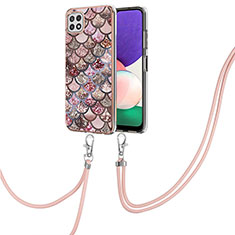 Handyhülle Silikon Hülle Gummi Schutzhülle Flexible Modisch Muster mit Schlüsselband Lanyard Y03B für Samsung Galaxy A22 5G Braun