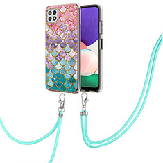 Handyhülle Silikon Hülle Gummi Schutzhülle Flexible Modisch Muster mit Schlüsselband Lanyard Y03B für Samsung Galaxy A22s 5G Bunt