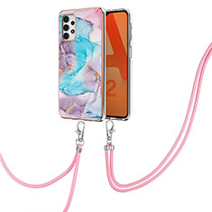 Handyhülle Silikon Hülle Gummi Schutzhülle Flexible Modisch Muster mit Schlüsselband Lanyard Y03B für Samsung Galaxy A32 4G Blau