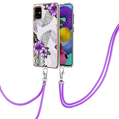 Handyhülle Silikon Hülle Gummi Schutzhülle Flexible Modisch Muster mit Schlüsselband Lanyard Y03B für Samsung Galaxy A51 4G Violett