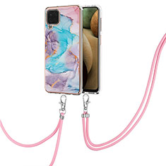 Handyhülle Silikon Hülle Gummi Schutzhülle Flexible Modisch Muster mit Schlüsselband Lanyard Y03B für Samsung Galaxy F12 Blau