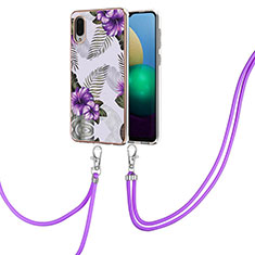 Handyhülle Silikon Hülle Gummi Schutzhülle Flexible Modisch Muster mit Schlüsselband Lanyard Y03B für Samsung Galaxy M02 Violett