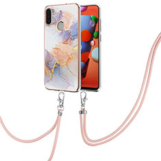 Handyhülle Silikon Hülle Gummi Schutzhülle Flexible Modisch Muster mit Schlüsselband Lanyard Y03B für Samsung Galaxy M11 Helles Lila