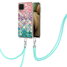 Handyhülle Silikon Hülle Gummi Schutzhülle Flexible Modisch Muster mit Schlüsselband Lanyard Y03B für Samsung Galaxy M12 Bunt