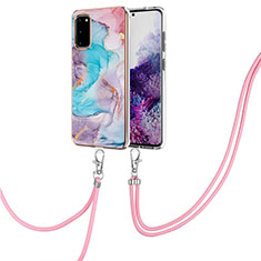 Handyhülle Silikon Hülle Gummi Schutzhülle Flexible Modisch Muster mit Schlüsselband Lanyard Y03B für Samsung Galaxy S20 5G Blau