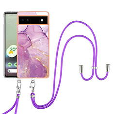 Handyhülle Silikon Hülle Gummi Schutzhülle Flexible Modisch Muster mit Schlüsselband Lanyard Y05B für Google Pixel 6a 5G Helles Lila