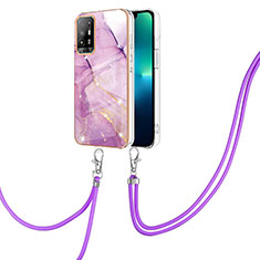 Handyhülle Silikon Hülle Gummi Schutzhülle Flexible Modisch Muster mit Schlüsselband Lanyard Y05B für Oppo A95 5G Helles Lila