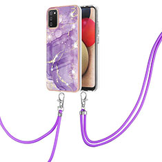 Handyhülle Silikon Hülle Gummi Schutzhülle Flexible Modisch Muster mit Schlüsselband Lanyard Y05B für Samsung Galaxy A03s Violett