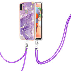 Handyhülle Silikon Hülle Gummi Schutzhülle Flexible Modisch Muster mit Schlüsselband Lanyard Y05B für Samsung Galaxy A11 Violett