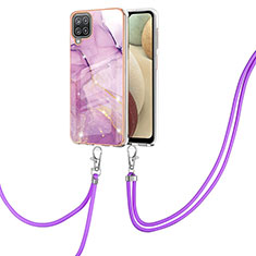 Handyhülle Silikon Hülle Gummi Schutzhülle Flexible Modisch Muster mit Schlüsselband Lanyard Y05B für Samsung Galaxy A12 Helles Lila