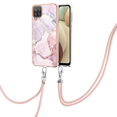 Handyhülle Silikon Hülle Gummi Schutzhülle Flexible Modisch Muster mit Schlüsselband Lanyard Y05B für Samsung Galaxy A12 Nacho Rosa