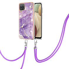 Handyhülle Silikon Hülle Gummi Schutzhülle Flexible Modisch Muster mit Schlüsselband Lanyard Y05B für Samsung Galaxy A12 Nacho Violett