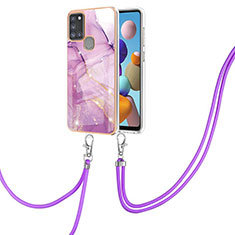 Handyhülle Silikon Hülle Gummi Schutzhülle Flexible Modisch Muster mit Schlüsselband Lanyard Y05B für Samsung Galaxy A21s Helles Lila