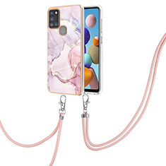 Handyhülle Silikon Hülle Gummi Schutzhülle Flexible Modisch Muster mit Schlüsselband Lanyard Y05B für Samsung Galaxy A21s Rosa