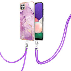 Handyhülle Silikon Hülle Gummi Schutzhülle Flexible Modisch Muster mit Schlüsselband Lanyard Y05B für Samsung Galaxy A22 5G Helles Lila