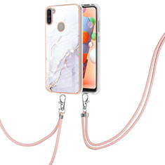 Handyhülle Silikon Hülle Gummi Schutzhülle Flexible Modisch Muster mit Schlüsselband Lanyard Y05B für Samsung Galaxy M11 Weiß