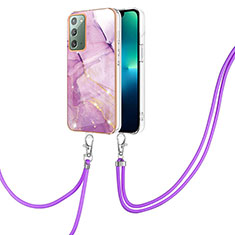 Handyhülle Silikon Hülle Gummi Schutzhülle Flexible Modisch Muster mit Schlüsselband Lanyard Y05B für Samsung Galaxy Note 20 5G Helles Lila