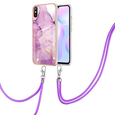 Handyhülle Silikon Hülle Gummi Schutzhülle Flexible Modisch Muster mit Schlüsselband Lanyard Y05B für Xiaomi Redmi 9A Helles Lila