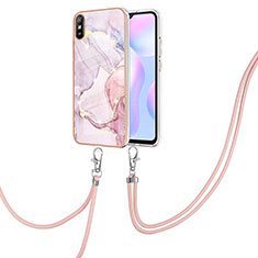 Handyhülle Silikon Hülle Gummi Schutzhülle Flexible Modisch Muster mit Schlüsselband Lanyard Y05B für Xiaomi Redmi 9A Rosa