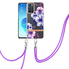 Handyhülle Silikon Hülle Gummi Schutzhülle Flexible Modisch Muster mit Schlüsselband Lanyard Y06B für Oppo Reno6 5G Helles Lila