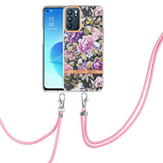 Handyhülle Silikon Hülle Gummi Schutzhülle Flexible Modisch Muster mit Schlüsselband Lanyard Y06B für Oppo Reno6 5G Violett