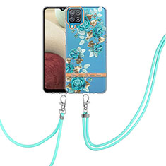 Handyhülle Silikon Hülle Gummi Schutzhülle Flexible Modisch Muster mit Schlüsselband Lanyard Y06B für Samsung Galaxy A12 5G Cyan