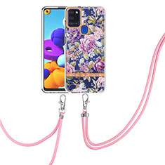 Handyhülle Silikon Hülle Gummi Schutzhülle Flexible Modisch Muster mit Schlüsselband Lanyard Y06B für Samsung Galaxy A21s Helles Lila