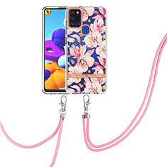 Handyhülle Silikon Hülle Gummi Schutzhülle Flexible Modisch Muster mit Schlüsselband Lanyard Y06B für Samsung Galaxy A21s Rosa