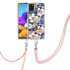 Handyhülle Silikon Hülle Gummi Schutzhülle Flexible Modisch Muster mit Schlüsselband Lanyard Y06B für Samsung Galaxy A21s Weiß