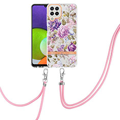 Handyhülle Silikon Hülle Gummi Schutzhülle Flexible Modisch Muster mit Schlüsselband Lanyard Y06B für Samsung Galaxy A22 4G Helles Lila