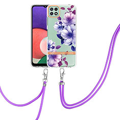 Handyhülle Silikon Hülle Gummi Schutzhülle Flexible Modisch Muster mit Schlüsselband Lanyard Y06B für Samsung Galaxy A22 5G Violett