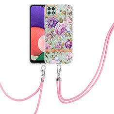 Handyhülle Silikon Hülle Gummi Schutzhülle Flexible Modisch Muster mit Schlüsselband Lanyard Y06B für Samsung Galaxy A22s 5G Helles Lila