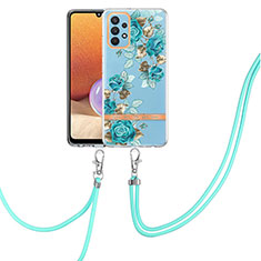 Handyhülle Silikon Hülle Gummi Schutzhülle Flexible Modisch Muster mit Schlüsselband Lanyard Y06B für Samsung Galaxy A32 4G Cyan