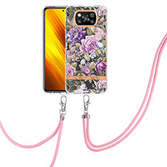 Handyhülle Silikon Hülle Gummi Schutzhülle Flexible Modisch Muster mit Schlüsselband Lanyard Y06B für Xiaomi Poco X3 NFC Helles Lila