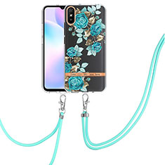 Handyhülle Silikon Hülle Gummi Schutzhülle Flexible Modisch Muster mit Schlüsselband Lanyard Y06B für Xiaomi Redmi 9A Cyan