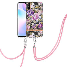 Handyhülle Silikon Hülle Gummi Schutzhülle Flexible Modisch Muster mit Schlüsselband Lanyard Y06B für Xiaomi Redmi 9A Helles Lila