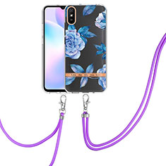 Handyhülle Silikon Hülle Gummi Schutzhülle Flexible Modisch Muster mit Schlüsselband Lanyard Y06B für Xiaomi Redmi 9AT Blau