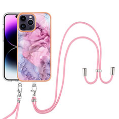 Handyhülle Silikon Hülle Gummi Schutzhülle Flexible Modisch Muster mit Schlüsselband Lanyard Y07B für Apple iPhone 13 Pro Helles Lila